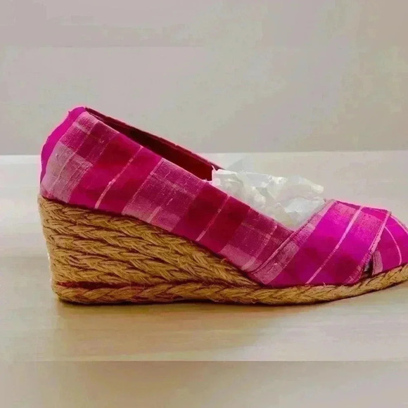 Ralph Lauren Cecilia Pink Plaid Open Toe Wedge - Picture 4 of 8
